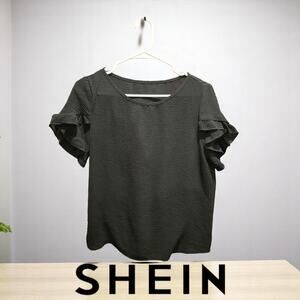 SheIn Solid Ruffle Trim Petal Sleeve Blouse Round Neck Pullover Medium Size 6